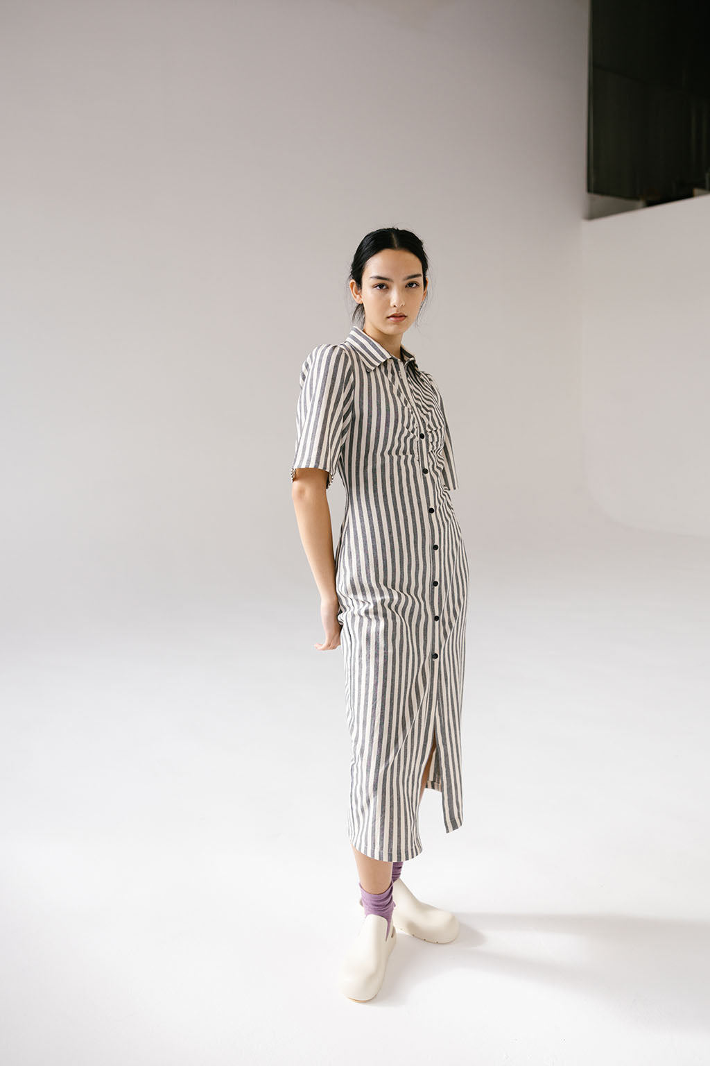Mari Dress - Charcoal Stripe
