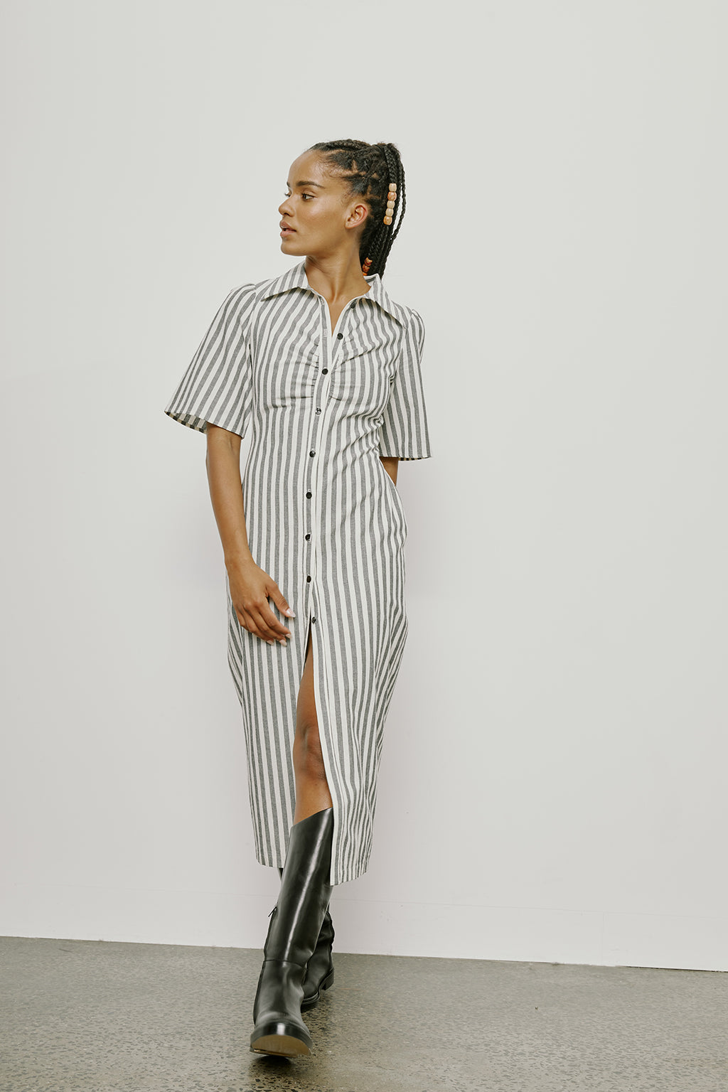 Mari Dress - Charcoal Stripe