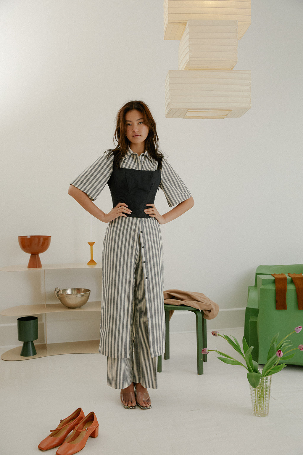 Mari Dress - Charcoal Stripe